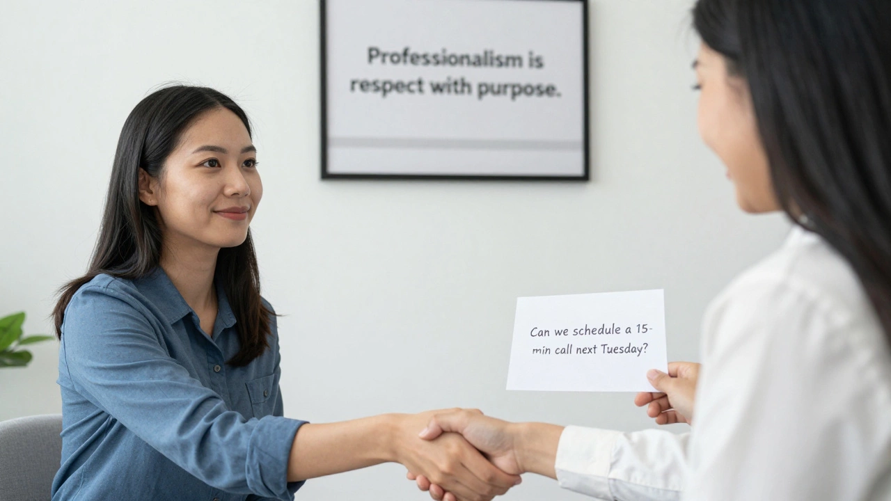 A client and provider shaking hands in a professional setting with a clear next step noted.