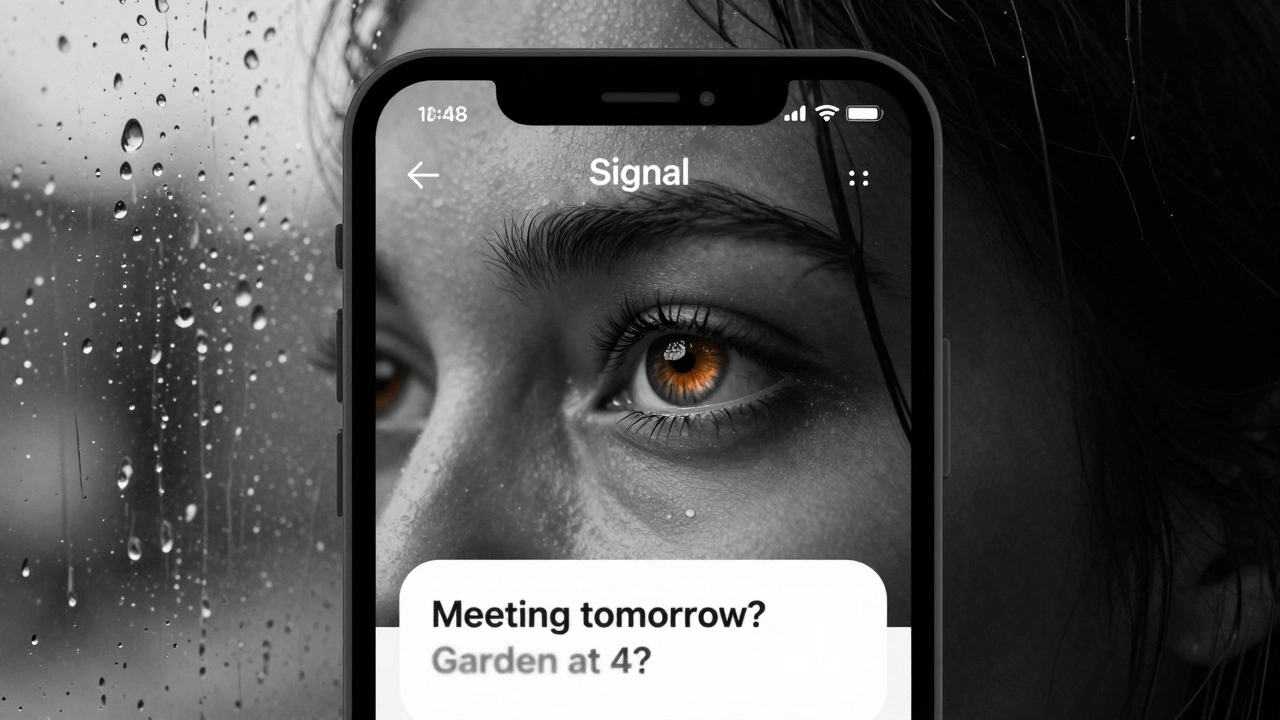 A woman’s eye reflects a smartphone screen showing an encrypted message, rain blurring the window behind her.